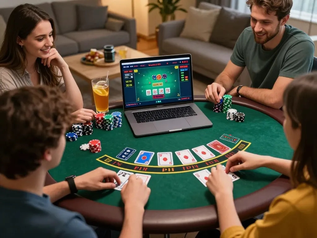 Play blackjack online with friends at ta88 in a lively home setting with snacks and drinks.