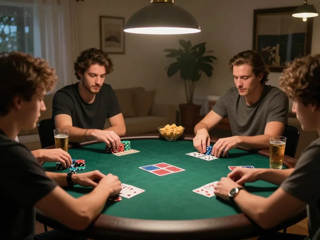 Poker88 Alternatif Link used in a lively home poker night with friends, chips, and cards creating excitement.
