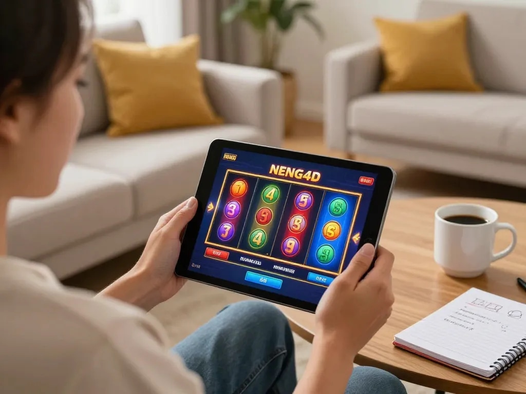 NENG4D slot gameplay on a tablet in a cozy home setting with stylish decor.