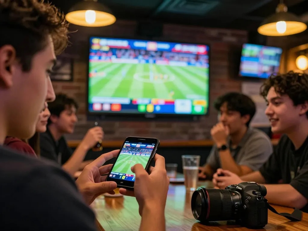 may88 users engaging in live sports betting with smartphones in a lively atmosphere, highlighting excitement and interaction.