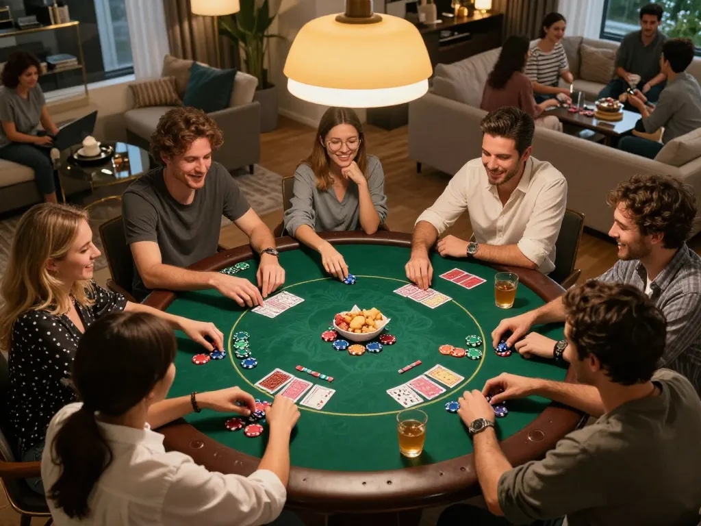 Players enjoying a poker night at home with TR88 themed chips and cards.