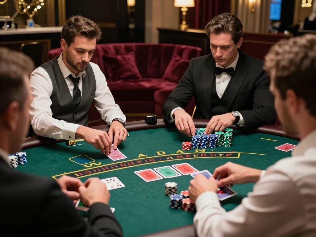 cm88 players engaged at a high-stakes blackjack table in a luxurious casino atmosphere.