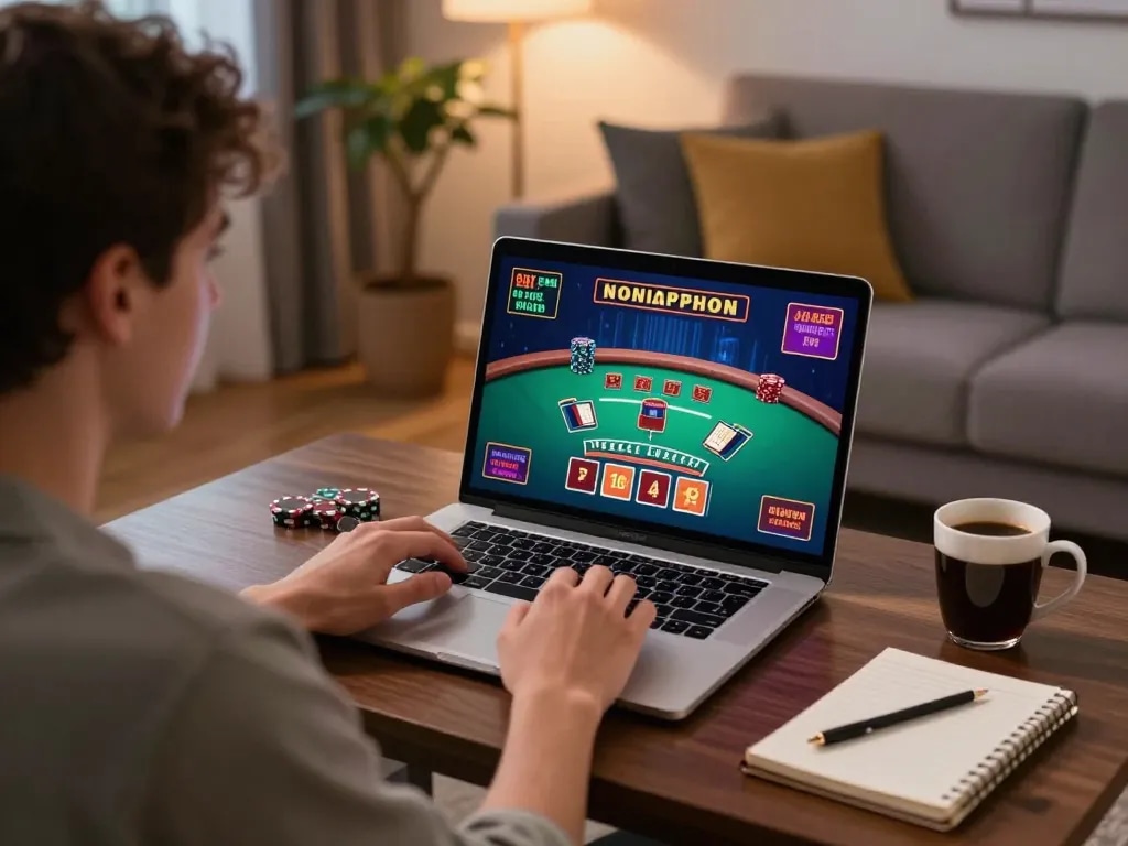 Engaging in online blackjack at LV88, showcasing strategic gameplay in a cozy home setup.