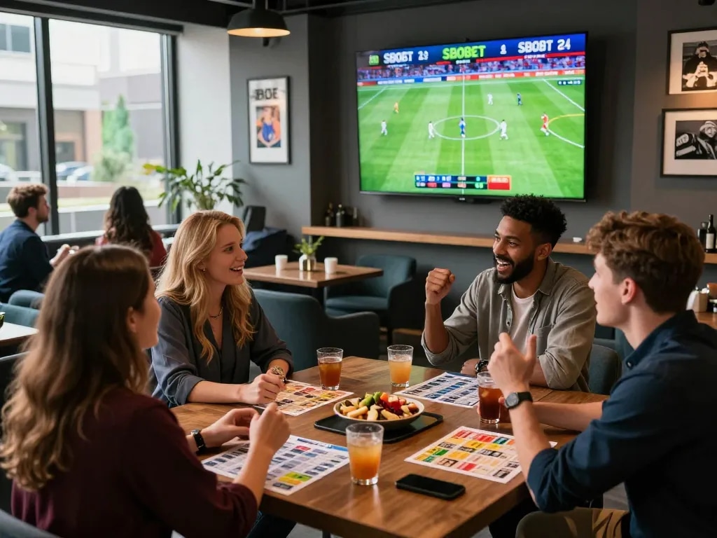 Friends enjoying SBOBET sports betting experience in an upscale lounge with football match on screen