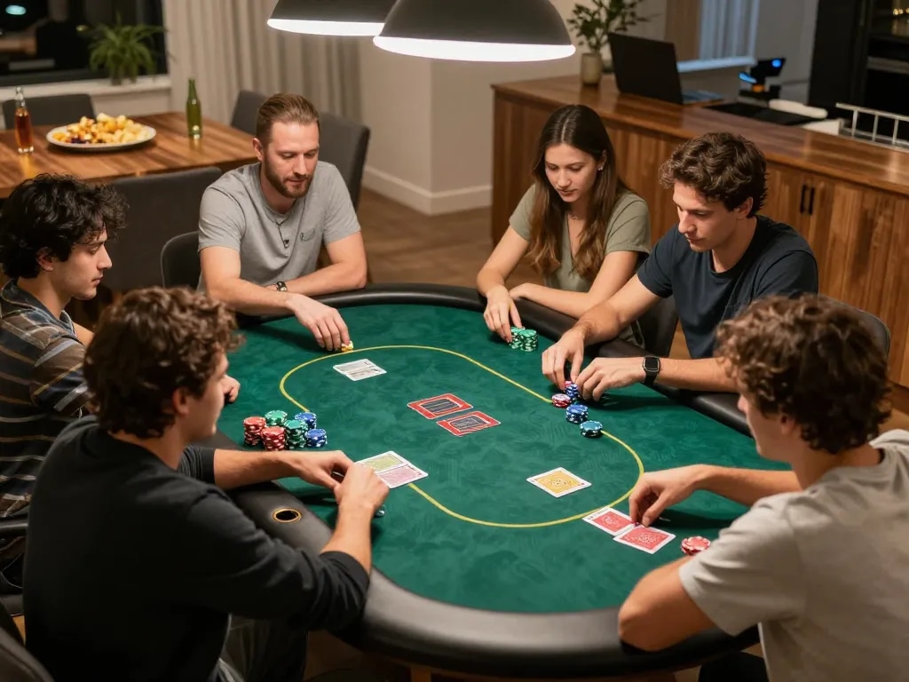 Pemain menikmati malam poker yang meriah sambil merencanakan strategi di meja, menyoroti aspek perjudian sosial 88Pulsa.