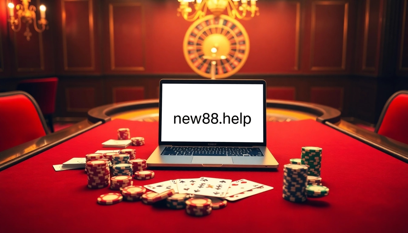 Engage in gaming at https://new88.help/ with a vibrant casino scene featuring poker and roulette.
