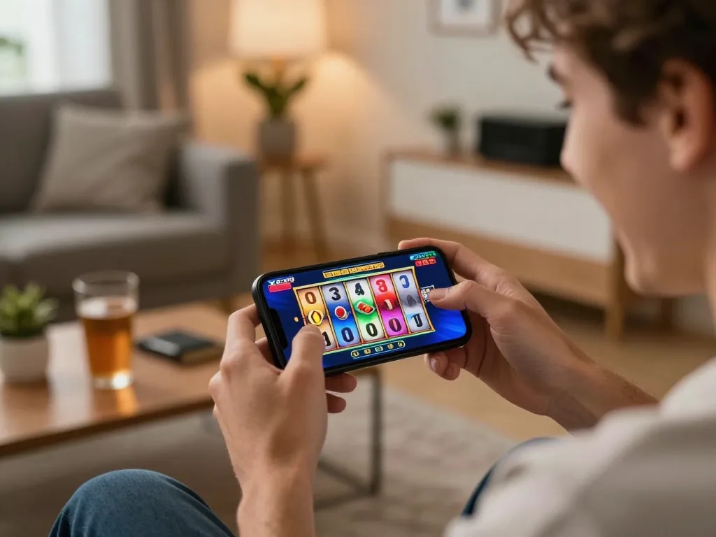 XRP casino gameplay on smartphone, showcasing vibrant slot reels during online gaming.
