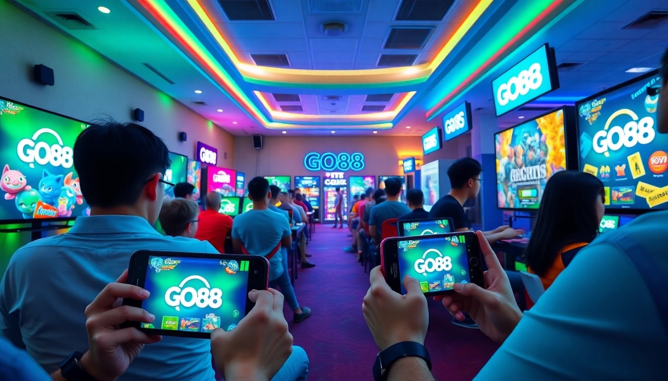 GO88 online gaming platform with players engaged in diverse games, showcasing excitement and participation.