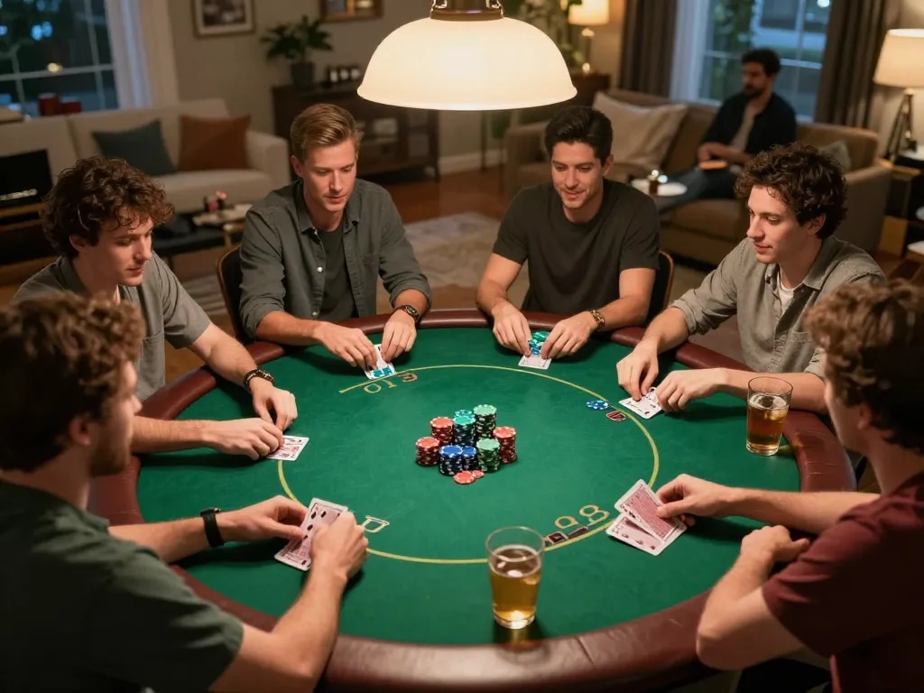 Exciting home poker night with friends showing competitive gameplay at hi88, vibrant poker chips, and drinks.