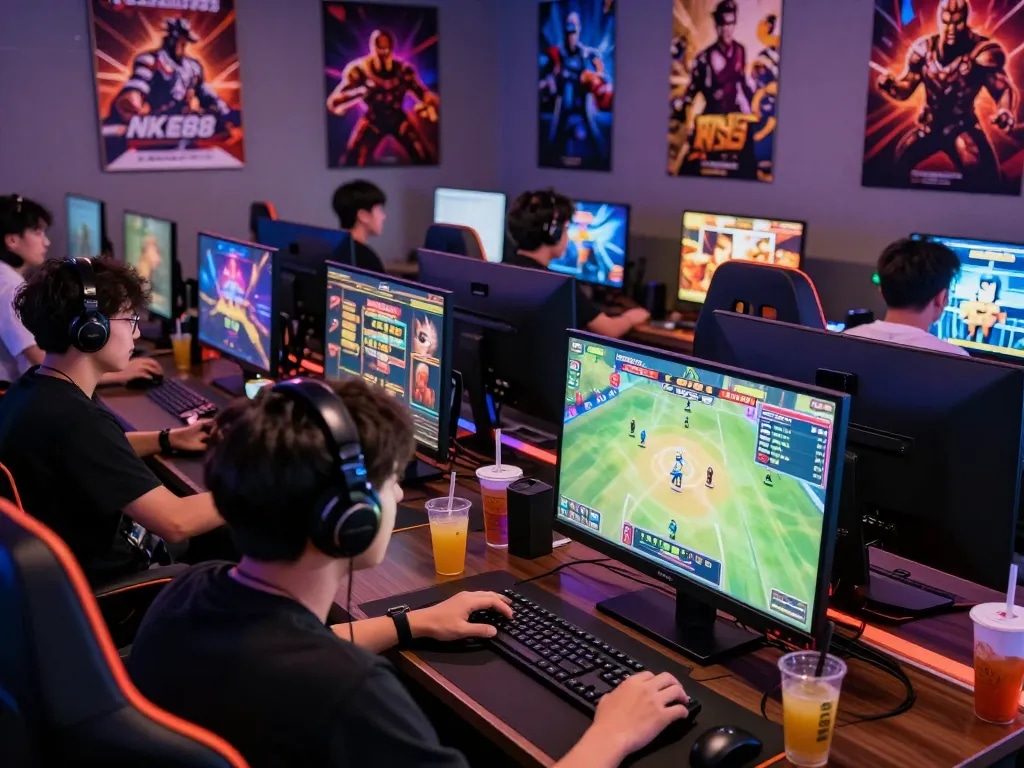 Engaged players at NK88 com in vibrant online gaming environment showcasing variety of casino and e-sports activities.