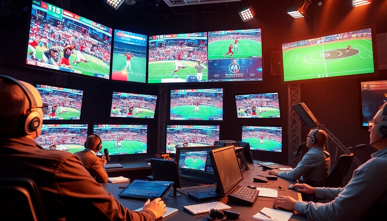 Showcasing sports broadcasting technology with vibrant graphics and live sports displays.