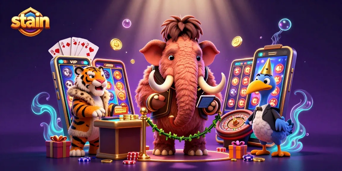 Stain illustration showcases casino bouncer, VIP guest, and doorman amid vibrant gaming elements.