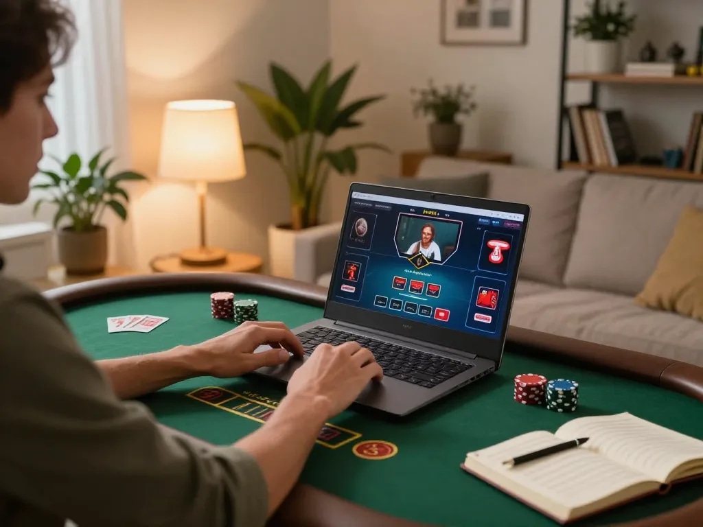 Engaging in strategic play on Fokus777 login interface at a cozy home gaming setup.