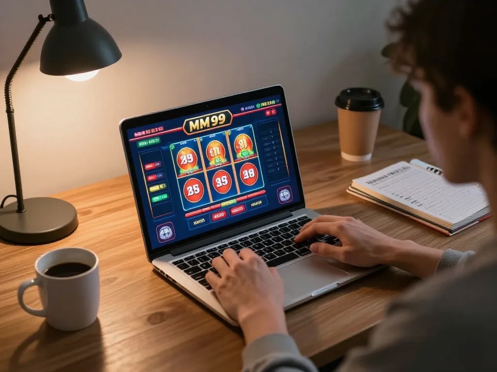 Playing MM 99 casino games online on a laptop with vibrant graphics and cozy desk setup.