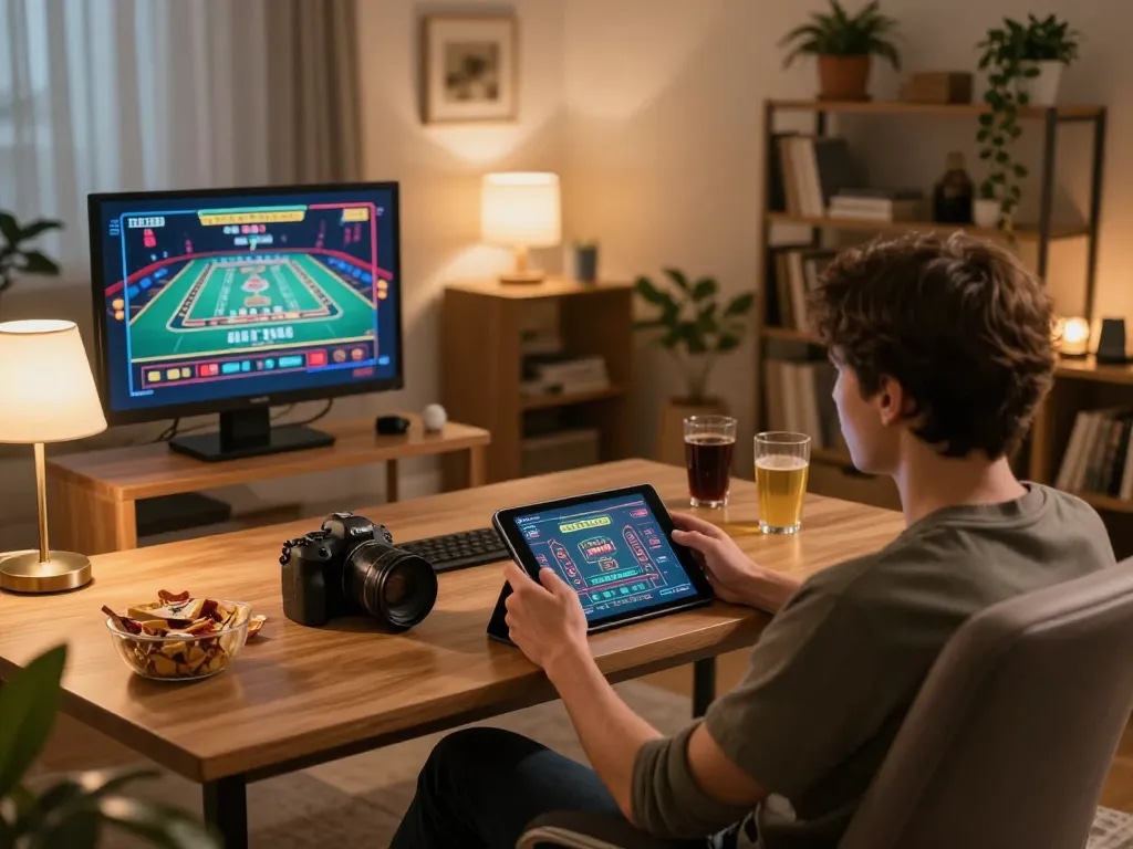 Engaged player using WIN4U login on tablet in cozy home setting for online gaming fun