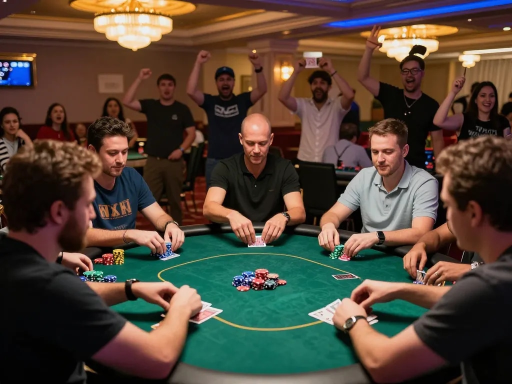 Players engaged in a thrilling poker game demonstrating strategy with mega888 apk in a vibrant casino atmosphere.