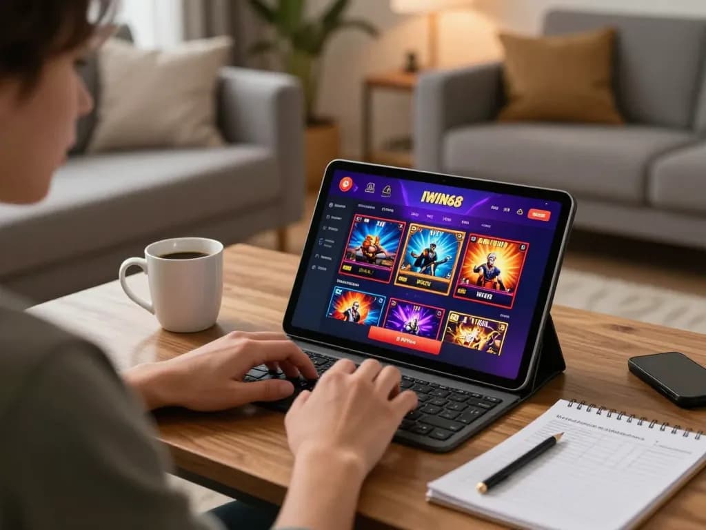 IWIN68 user engaged in online gameplay on a tablet, showcasing strategic betting in a cozy home setting.
