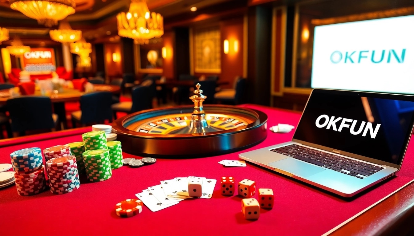 Players enjoy the excitement of gaming at OKFUN's casino, showcasing roulette, poker chips, and vibrant casino aesthetics.
