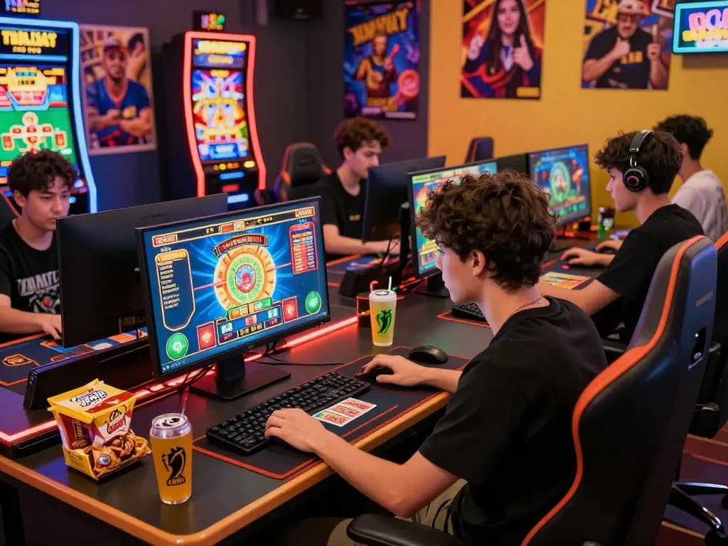 Engaged players on https://kuwincom.net/ enjoying online casino games in a vibrant gaming environment featuring colorful slots and card games.