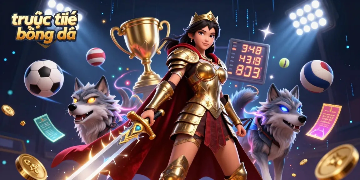 Betting on trực tiếp bóng đá captures the excitement with a dynamic scene of sports elements and a warrior queen.