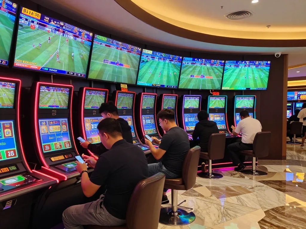 Smart city hostels featured as a backdrop in a lively sports betting area with enthusiastic bettors engaged in live wagering