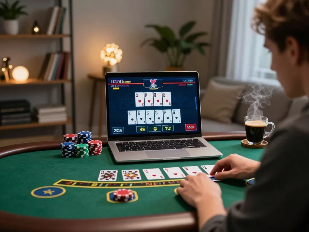 KONG88 player enjoying live dealer blackjack action on laptop in cozy home setting