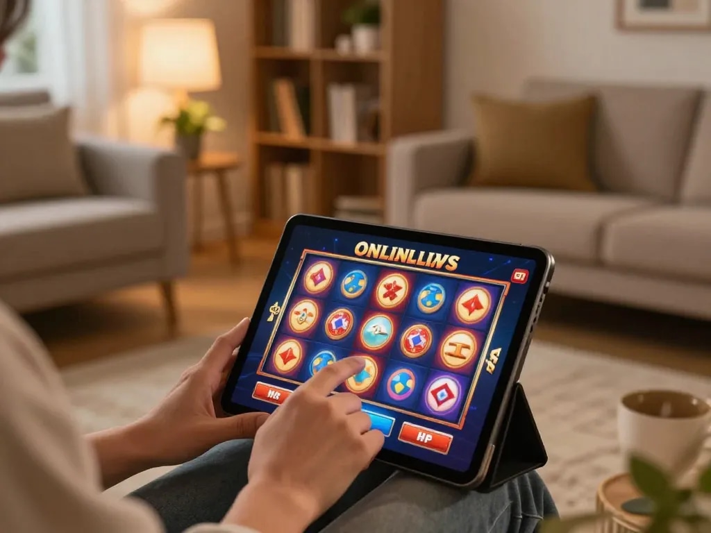 JUARA88 online slots player enjoying a cozy home setup with engaging gameplay experience.