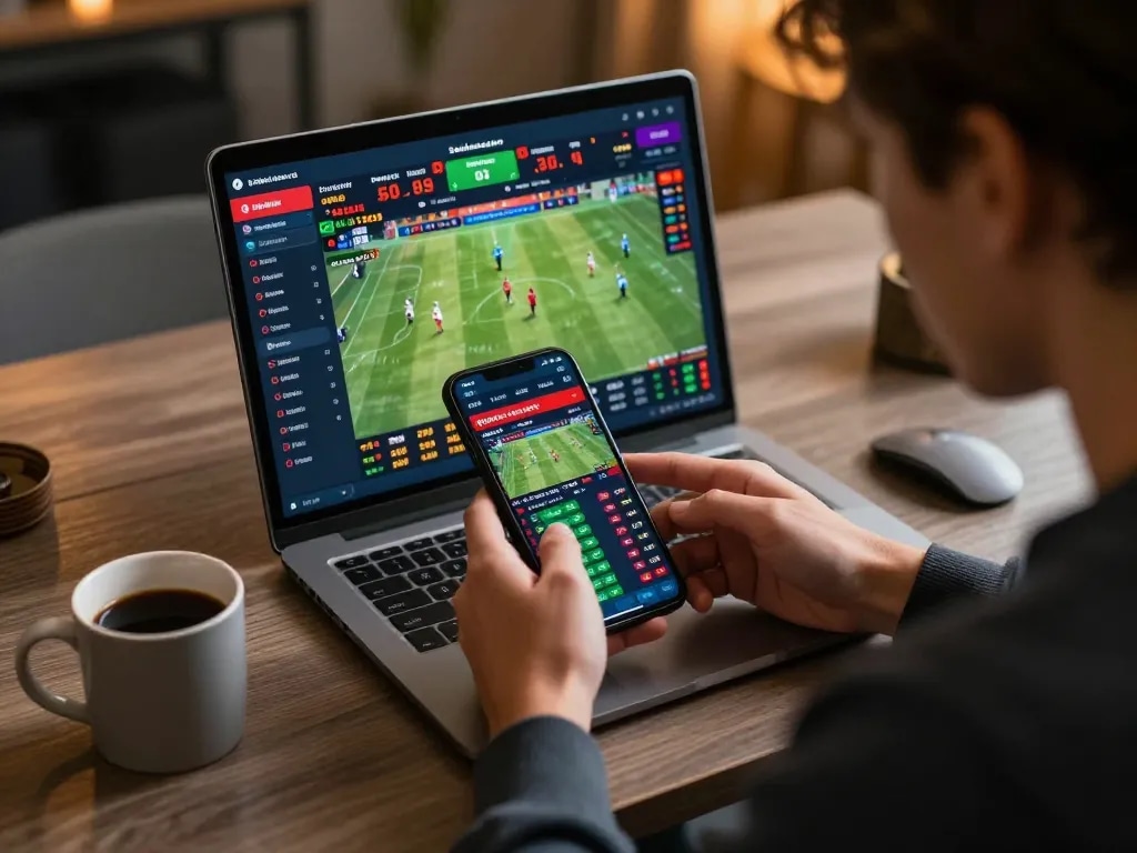 LV88 player engaging in online sports betting with mobile device displaying live stats and odds.