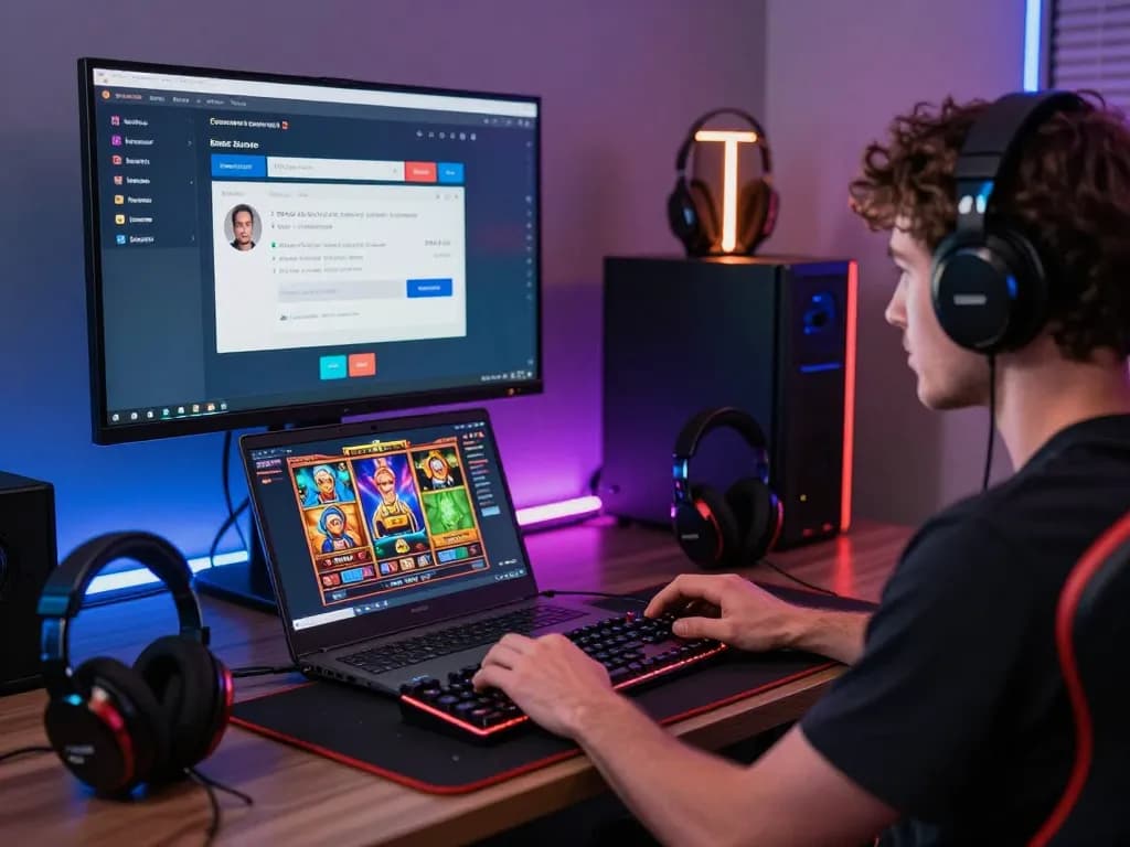 Player using KDSLOTS platform in a modern gaming room, showcasing engaging online slot experience with vibrant visuals.