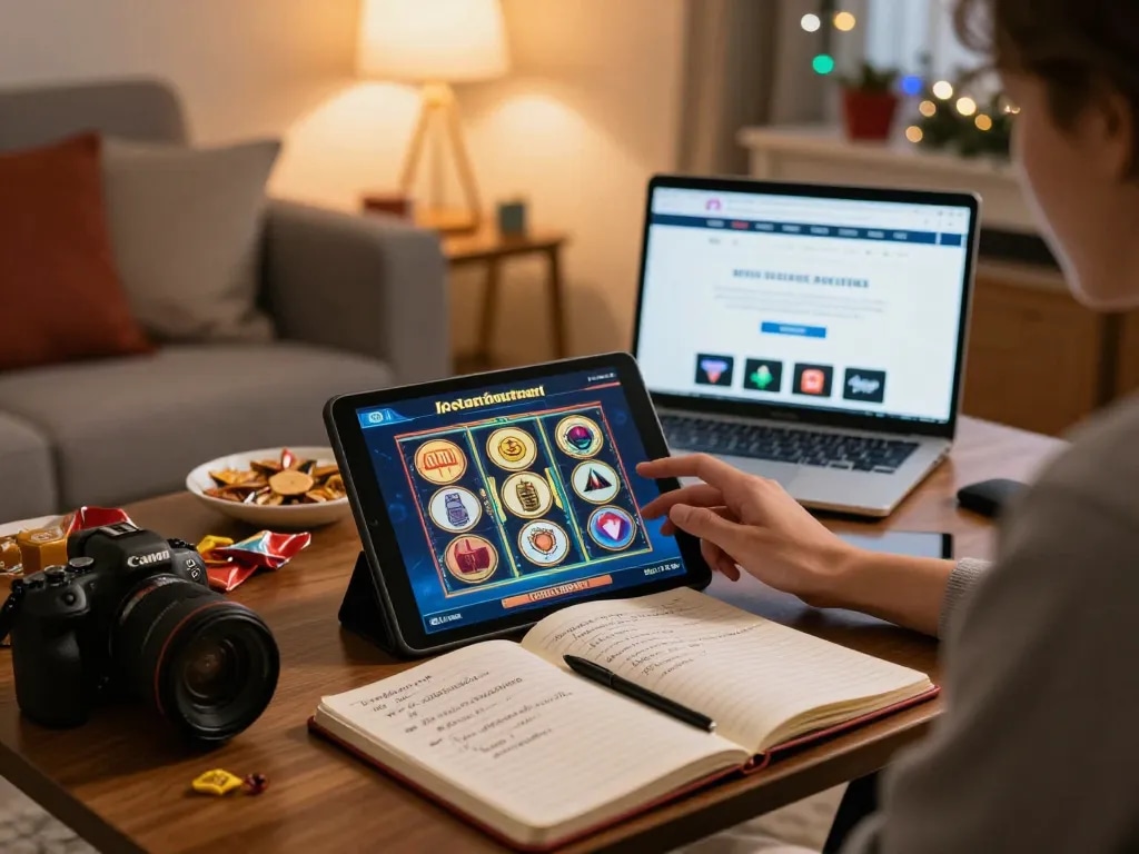 Engaging scene of a player using tablet for slot online gaming, showcasing strategy notes and cozy home environment.