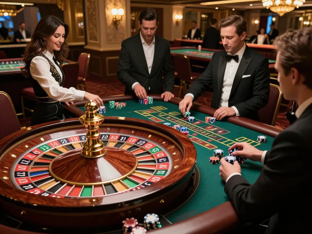 Permainan roulette yang menarik di kasino mewah menggambarkan strategi defineyouniversity dengan pemain yang memasang taruhan.