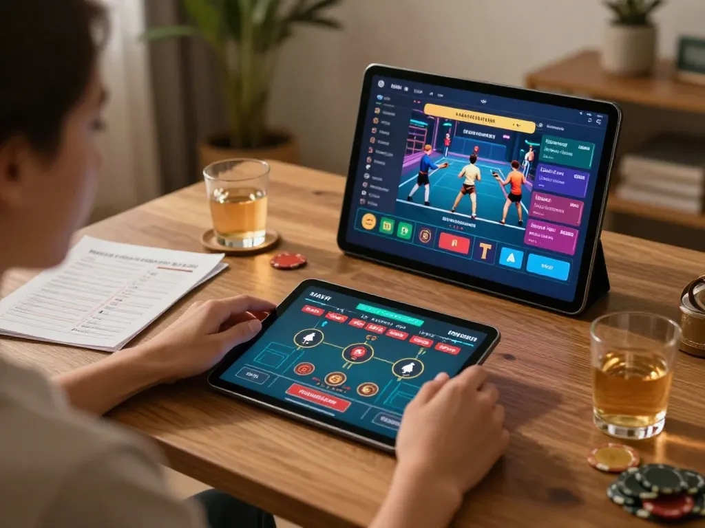 Player engaging with the GO8 betting app, strategizing with notes and drinks in a cozy home setting.