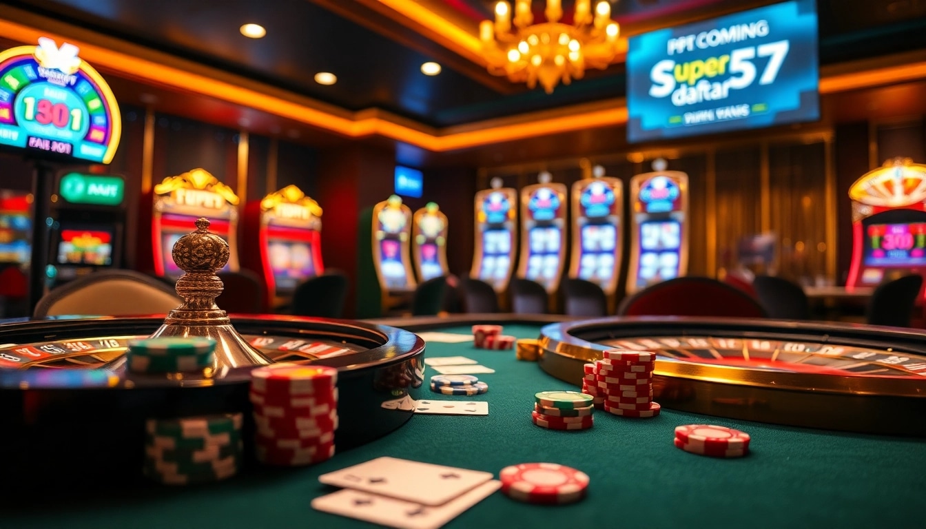 Engage in strategic gameplay with Super59 daftar at the vibrant casino table filled with poker chips and cards.