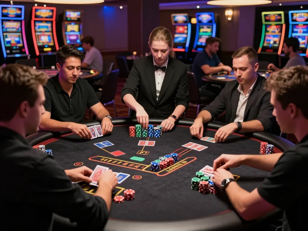 Pemain terlibat dalam permainan blackjack yang mendebarkan di meja kasino deragon88, dengan suasana yang hidup dan chip berwarna-warni.