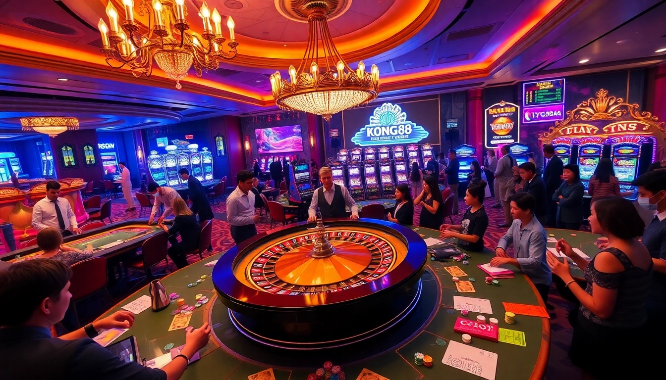 KONG88 gaming excitement with players at a lively roulette table in a luxury casino setting.