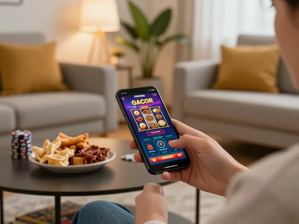 Playing slot gacor on a smartphone in a cozy home setting, showcasing an engaging online casino experience.