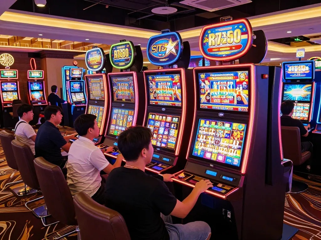 Players engaging at colorful slot machines on situs slot gacor, celebrating a win in a vibrant casino atmosphere.