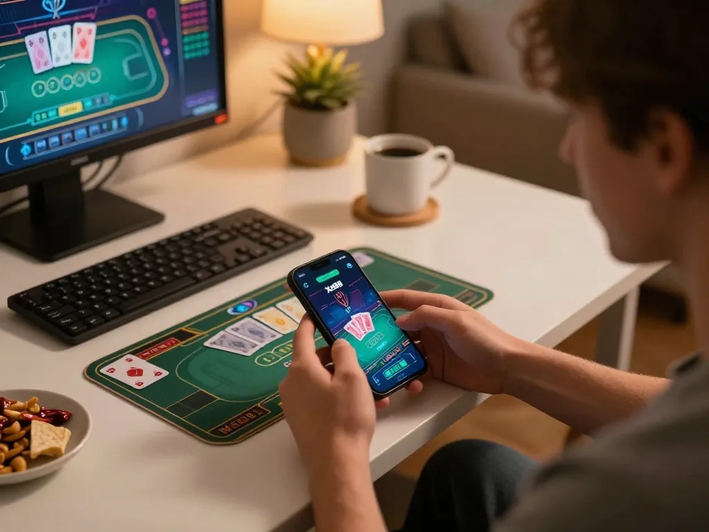 Xo88 player enjoying mobile gaming with a live dealer game on their smartphone in a cozy home setting.