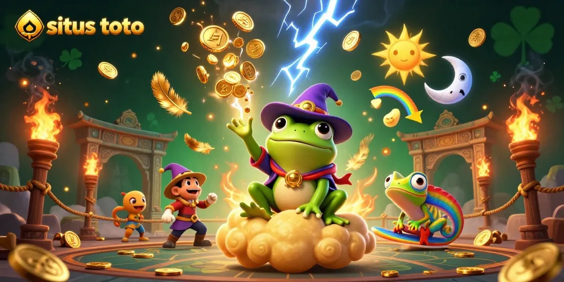 Engage with situs toto as the wizard frog conjures golden coins amidst vibrant casino elements.