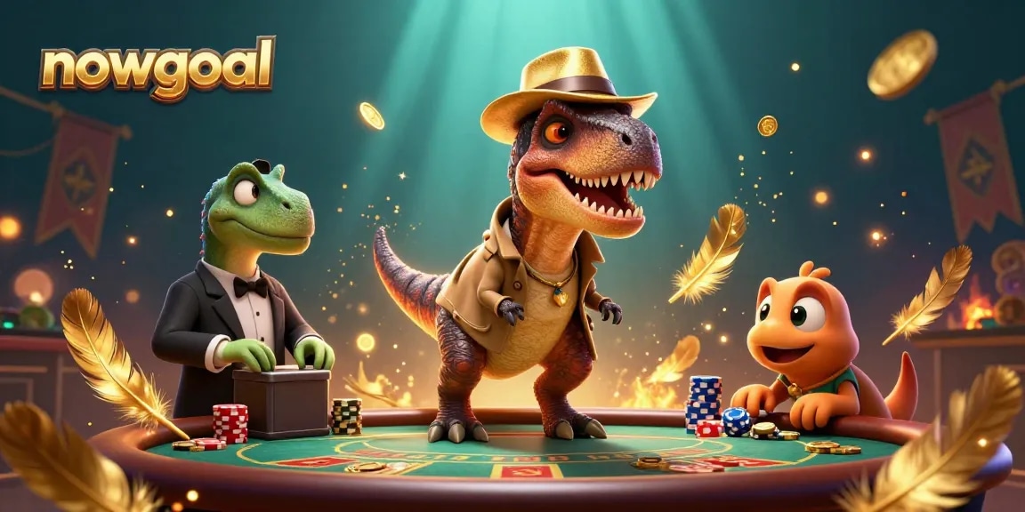 Engage with real-time betting insights on nowgoal as a dinosaur-themed character strategizes at a casino table.
