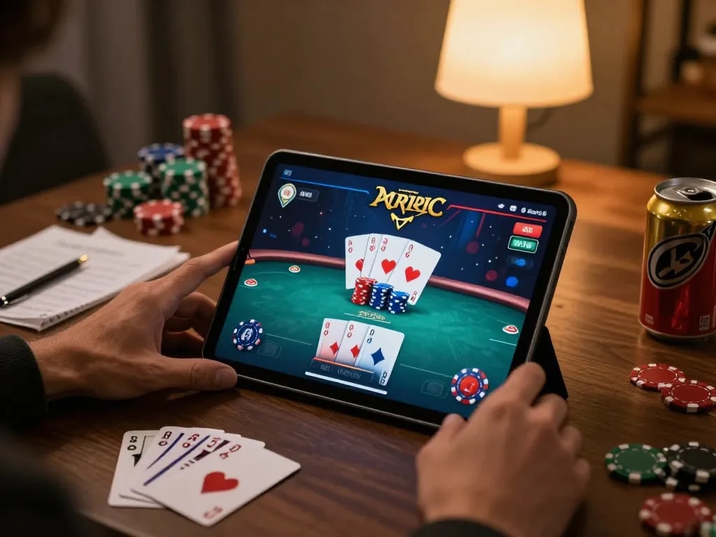 Person playing rikvip poker on a tablet with chips stacked high at home.