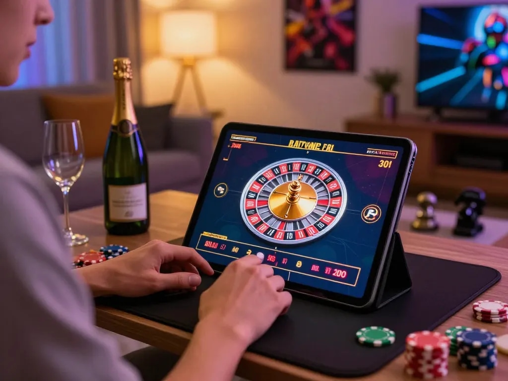Player betting on roulette at home using uu88 casino app, vibrant scene with interactive game features