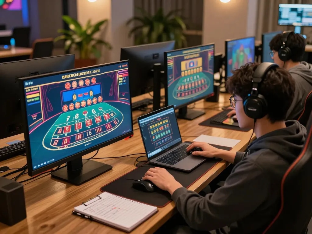 Engaged online player exploring yinkafolawiyogroup's gaming platform with multiple screens showcasing vibrant casino games.