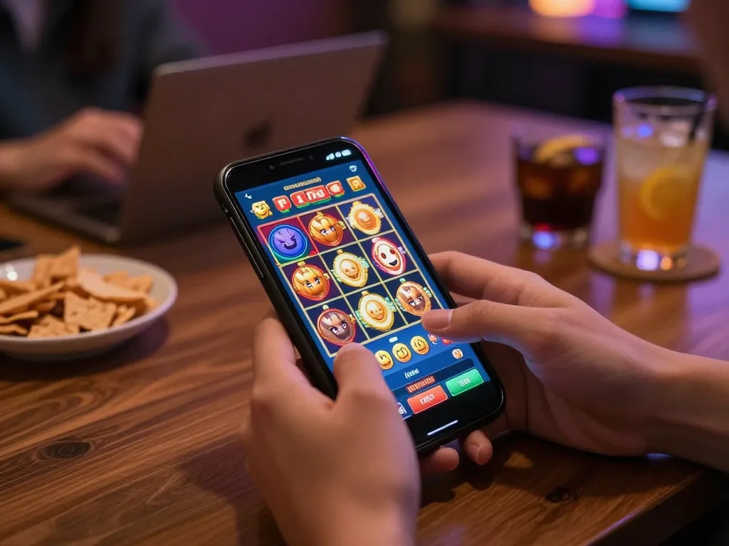 Enjoying thrilling slot pulsa games on a mobile casino app in a cozy home setting