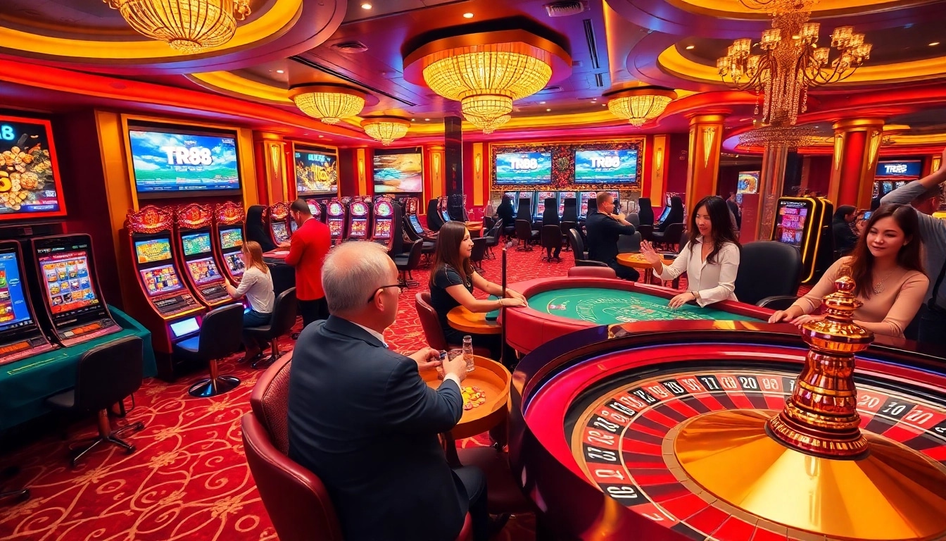 Players enjoying a winning moment at TR88 with vibrant casino elements and gaming excitement.