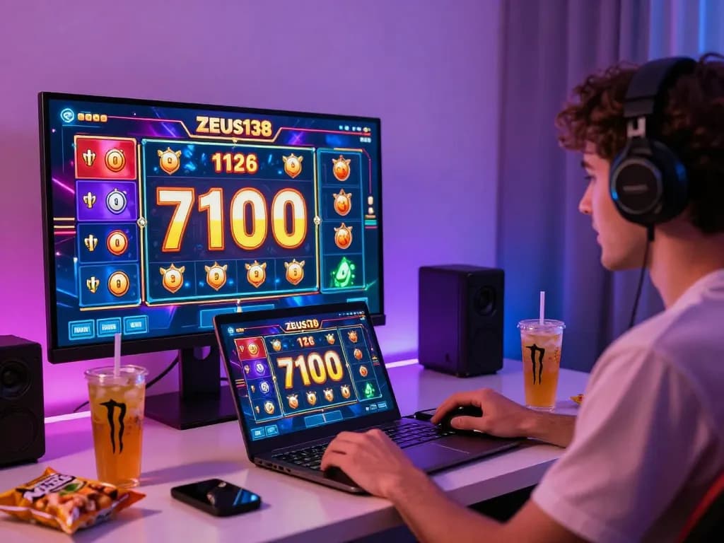 Player enjoying Zeus138 online slots, vibrant gaming setup, modern atmosphere.