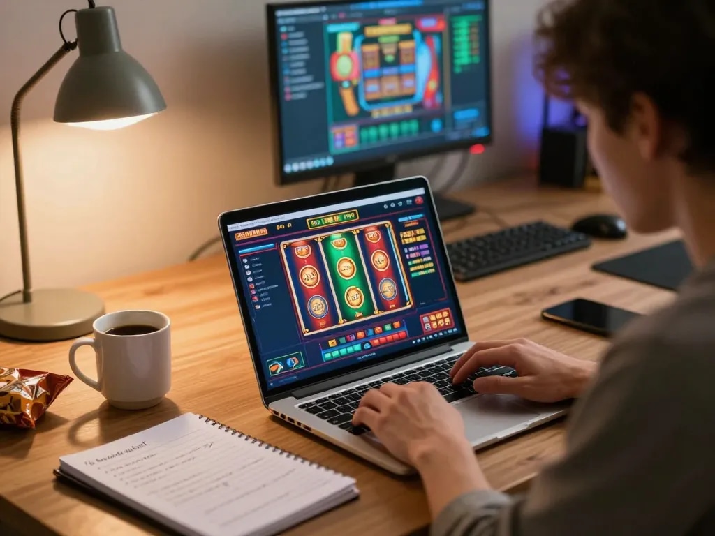 Player engaging with aman788's online casino slot game on a cozy desk setup.