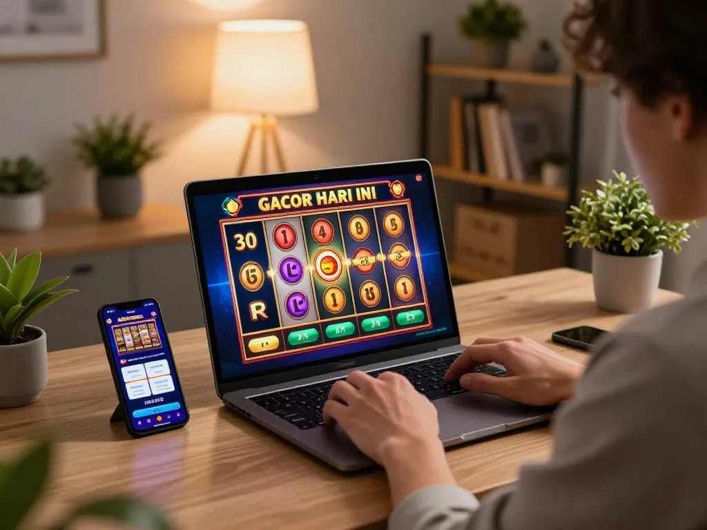 Playing slot gacor hari ini during an exciting online gaming session at home, showcasing a laptop and casino app.