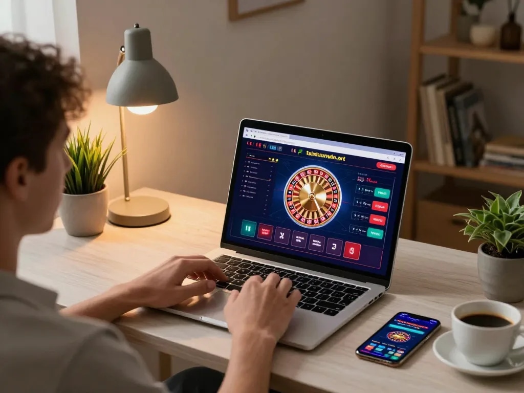 Engaging in online casino gaming at taixiusunwin.art with roulette interface on laptop