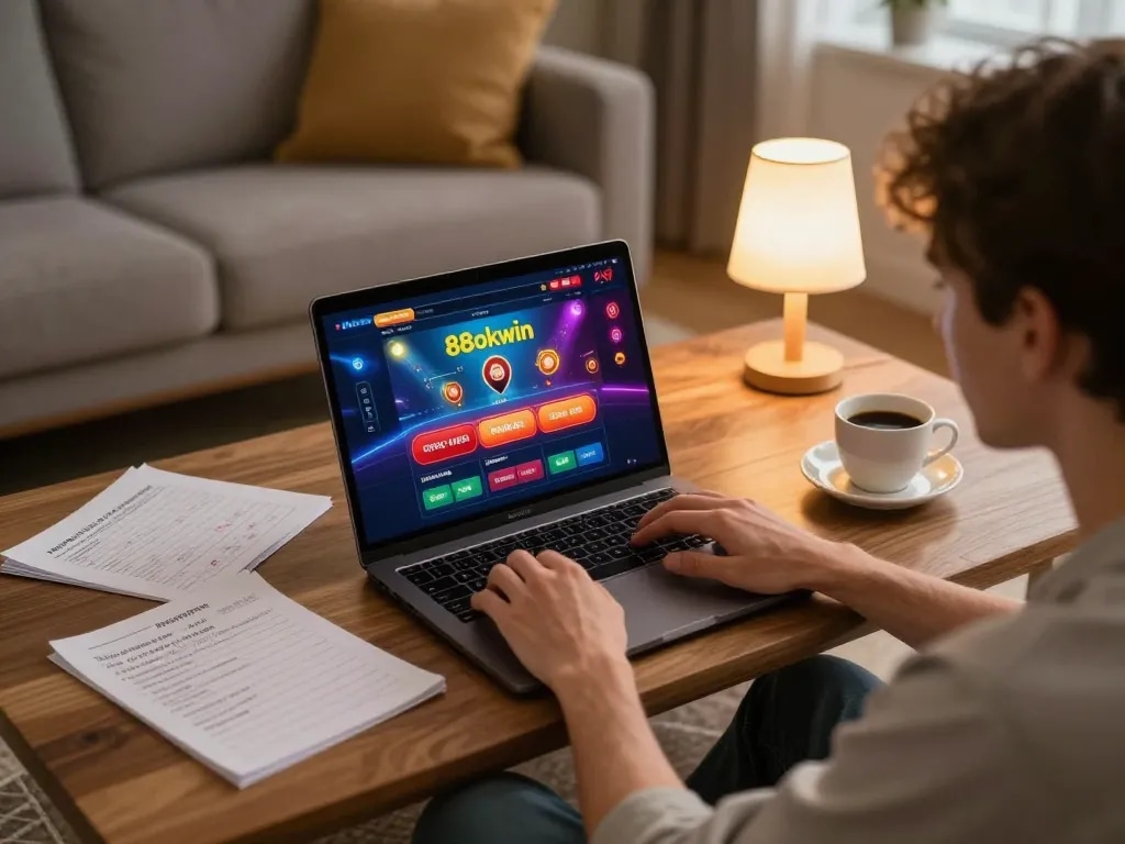 Engaging with 88okwin online casino during a cozy home gaming session.
